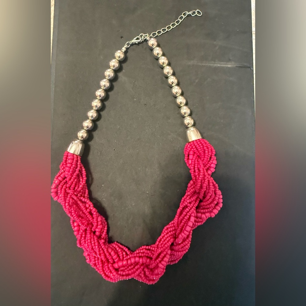 Vibrant Pink Braided Seed Bead Statement Necklace with Silver Accents